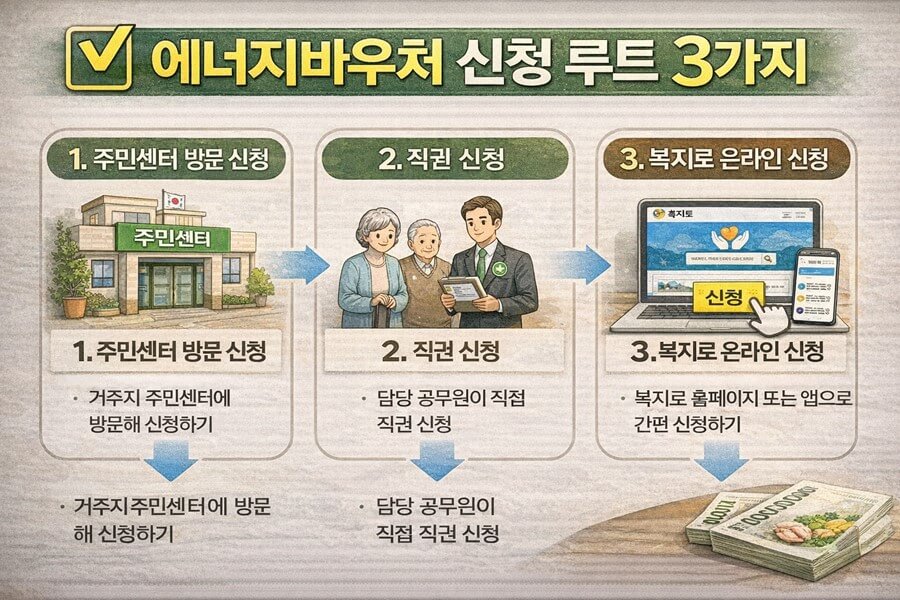 “에너지바우처 신청 루트 3가지(주민센터/직권/복지로)”