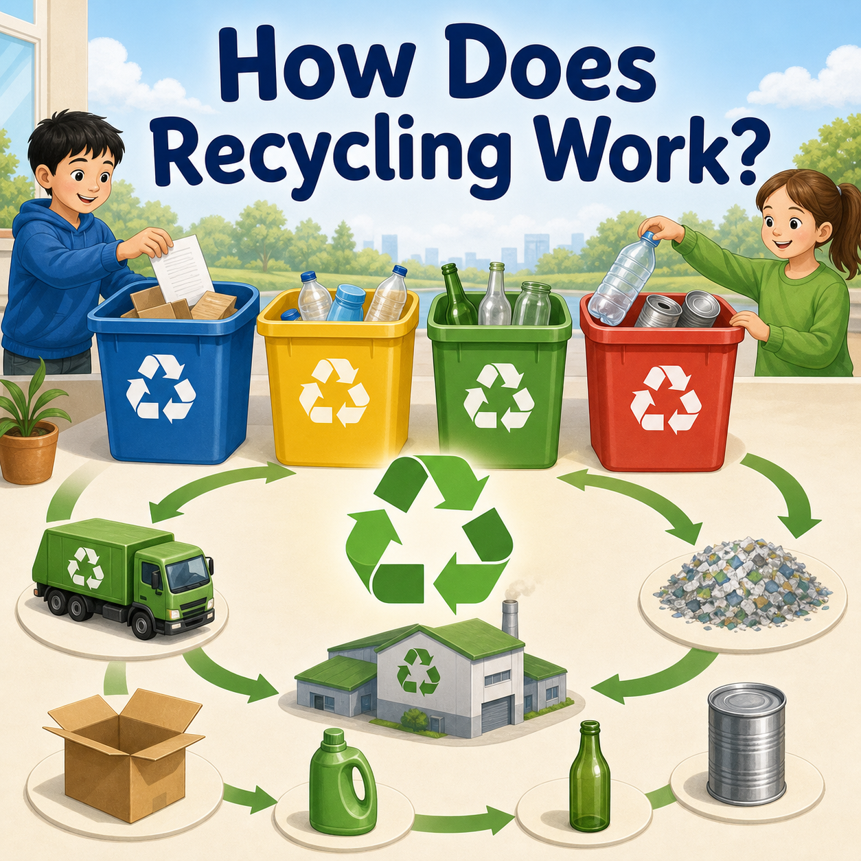 A simple educational illustration showing recycling bins and new products