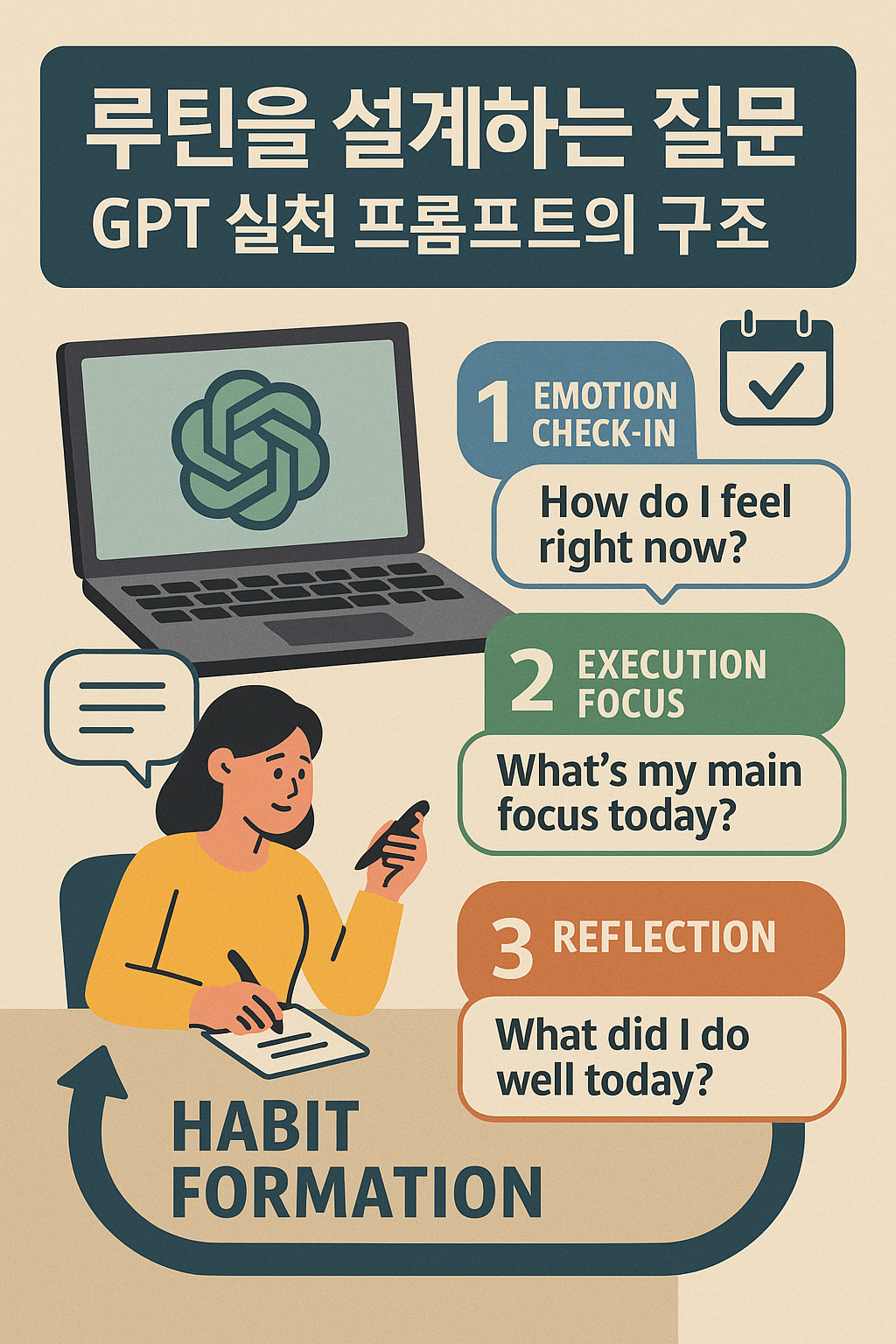 ChatGPT를 활용해 감정 점검, 실행 유도, 회고 피드백 질문 구조로 루틴을 설계하는 방법을 설명한 평면 일러스트 &ndash; 실행력 기반 루틴 시스템을 상징