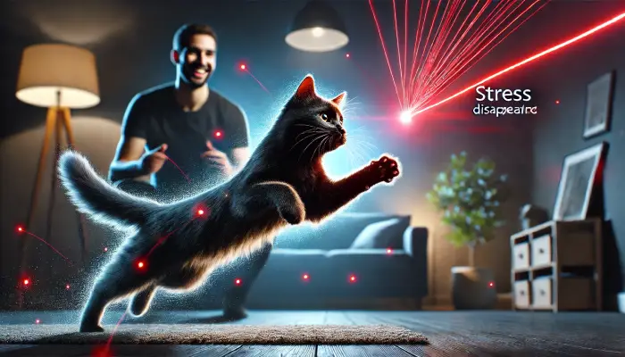 어두운 방에서 레이저 점을 쫓아 뛰는 검은 고양이와 웃고 있는 사람의 실루엣