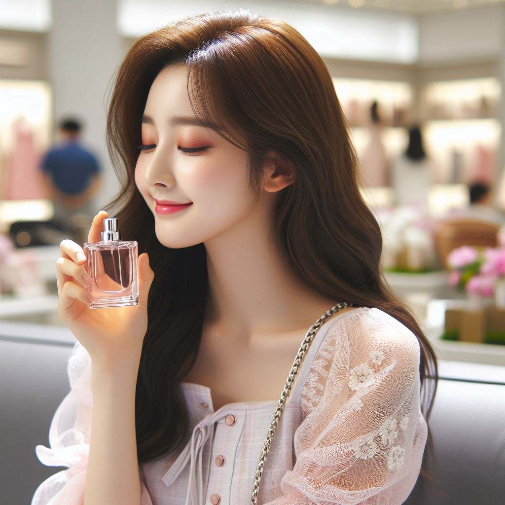 한국의 20대 긴 생머리 이쁜 여자 대학생이 향수 향기를 맡고 웃고 있는 모습