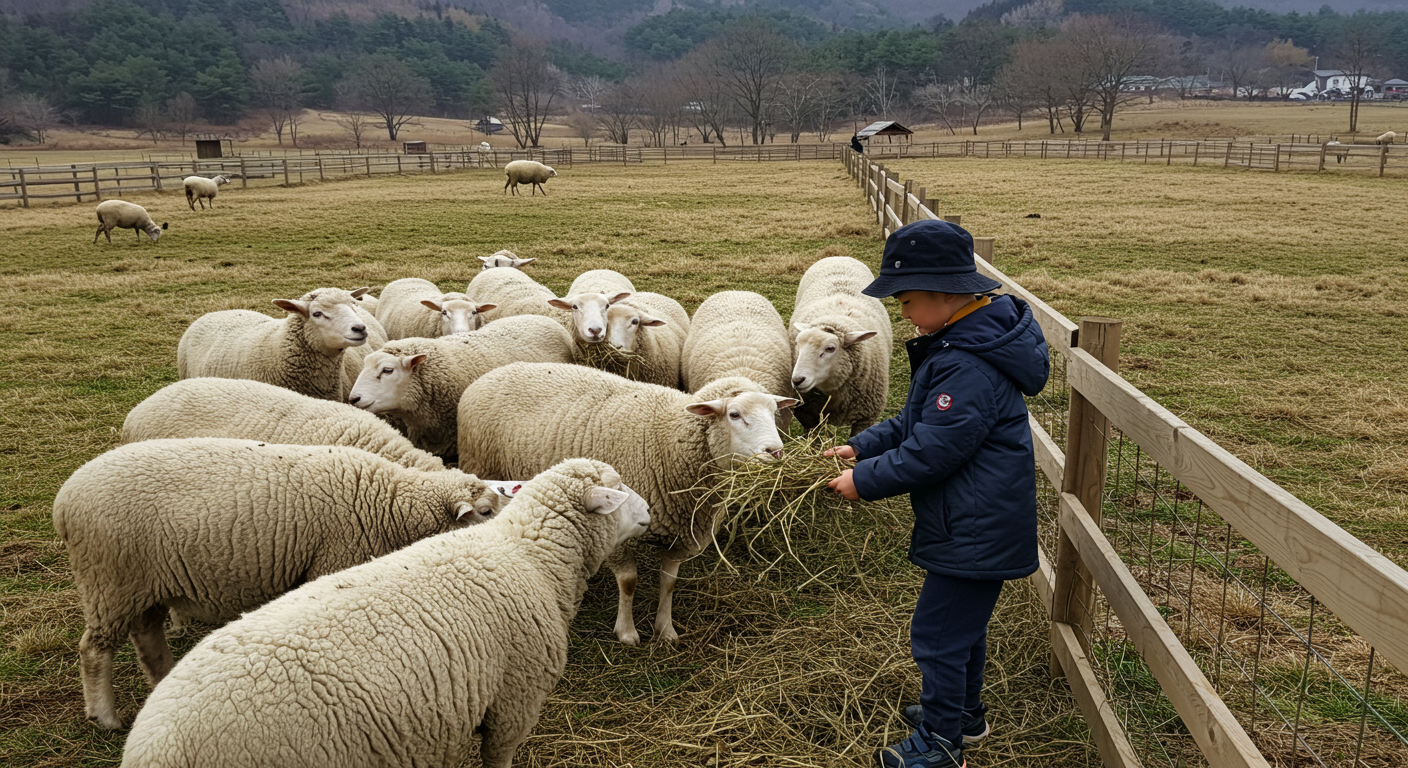 대관령 양떼목장에서 어린이가 양에게 건초를 주는 모습