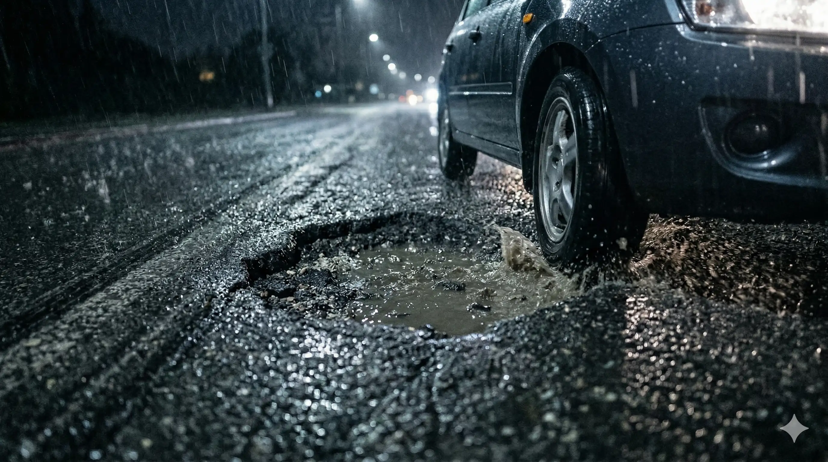 포트홀 옆을 아슬아슬하게 지나가는 차량의 바퀴 모습