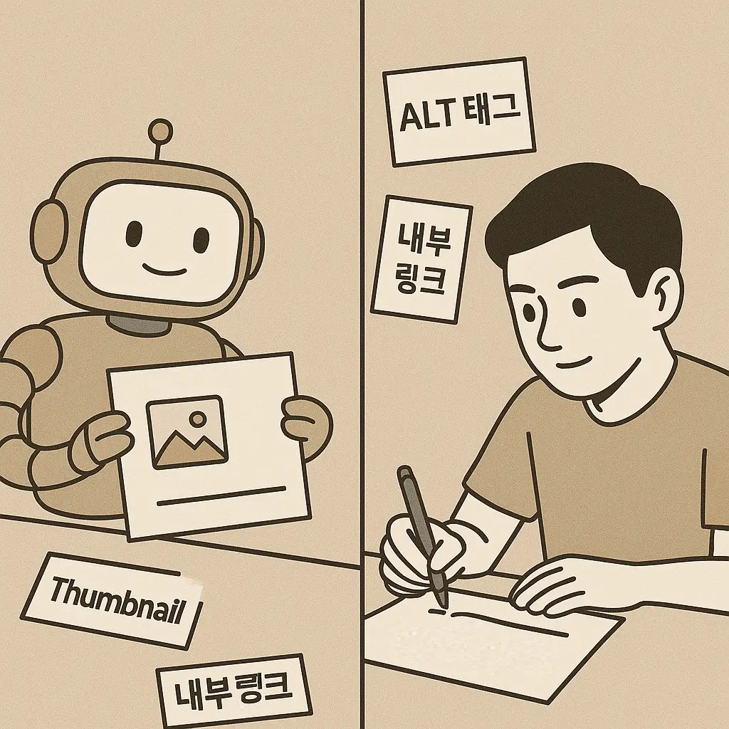 자동화 도구와 블로거가 협력하여 콘텐츠를 완성하는 장면