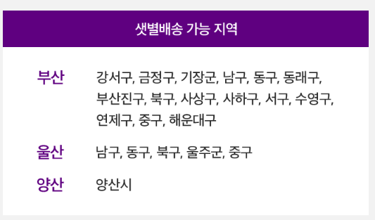 샛별배송 가능 영남 지역 (출처-마켓컬리 홈페이지)