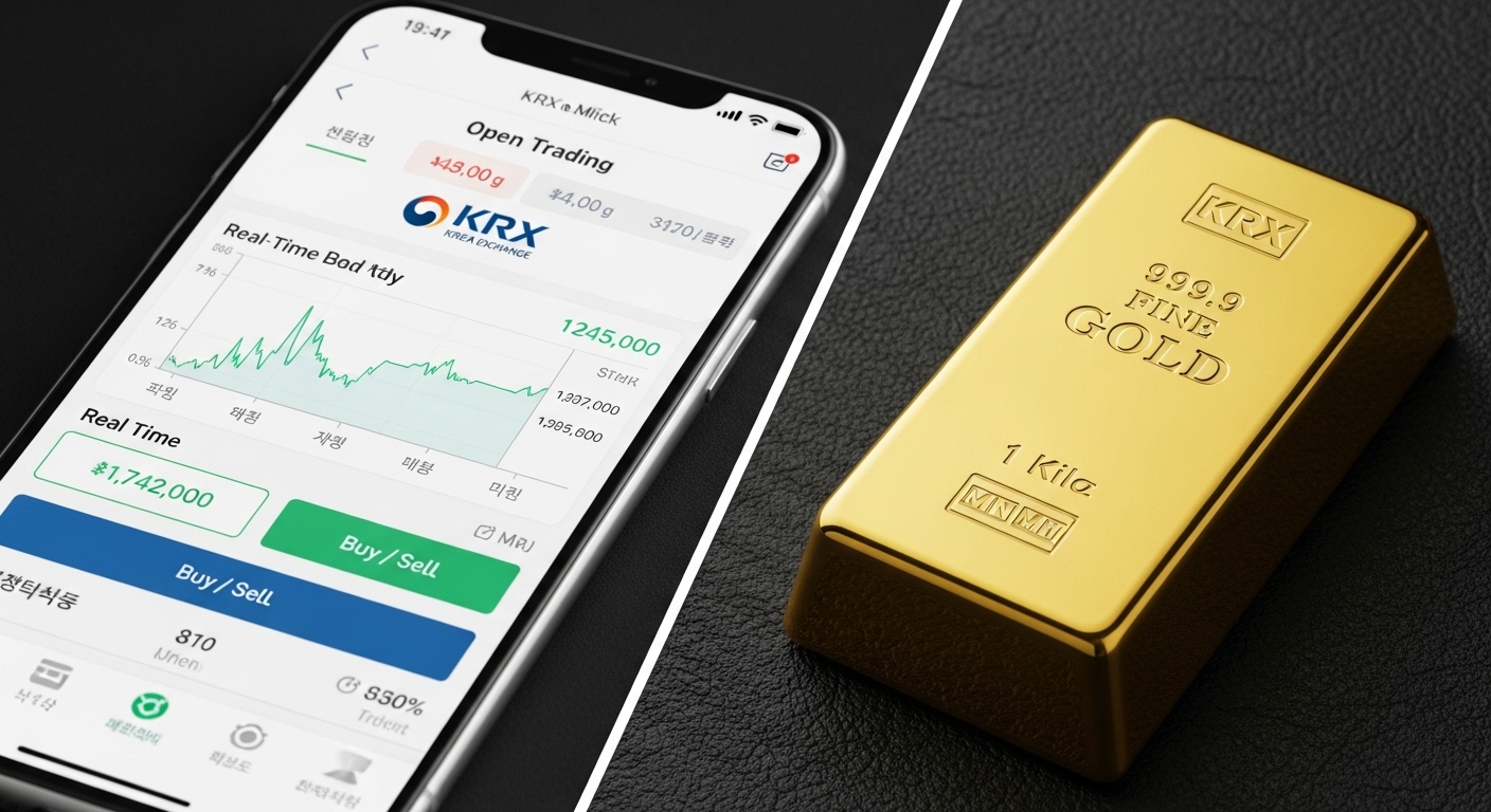 Comparison image showing a smartphone with KRX gold market trading app open next to a physical gold bar.