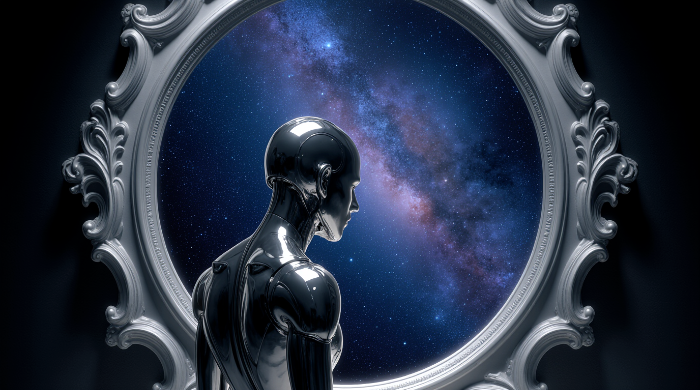 인간형 로봇이 거울을 들여다보고 있는데, 거울에는 얼굴 대신 광활한 우주가 비치며, 의식을 향한 탐구를 상징하는 이미지
