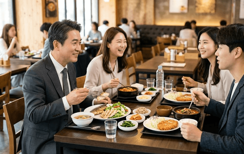 회사 점심시간에 동료들과 식당에서 만성 췌장염 관리를 위해 포화지방이 적은 건강한 식사를 하고 있는 중년 남성