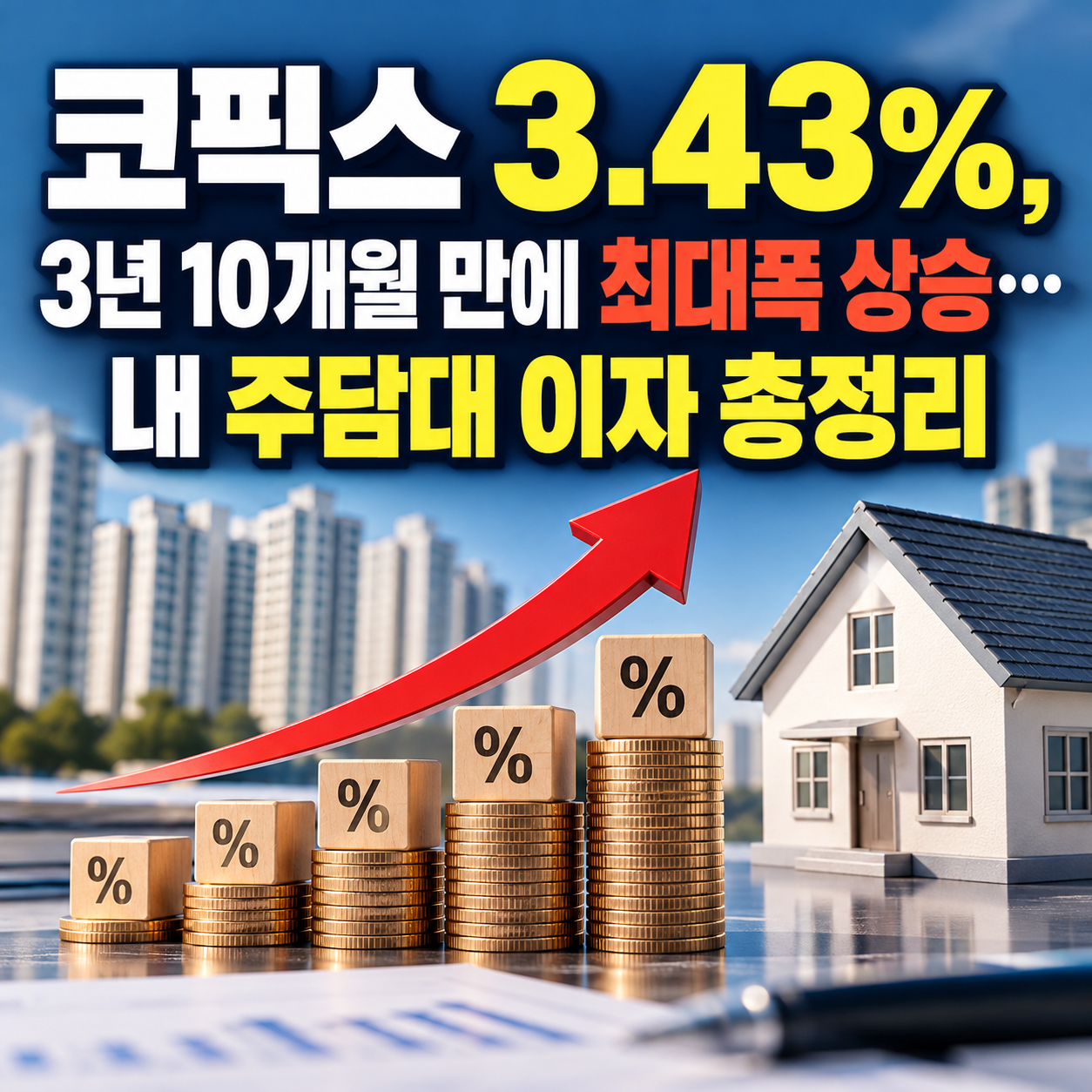코픽스 3.43% 상승과 3년 10개월 만의 최대폭 상승을 강조하며 주택담보대출 이자 부담을 아파트, 동전, 상승 화살표로 표현한 인포그래픽