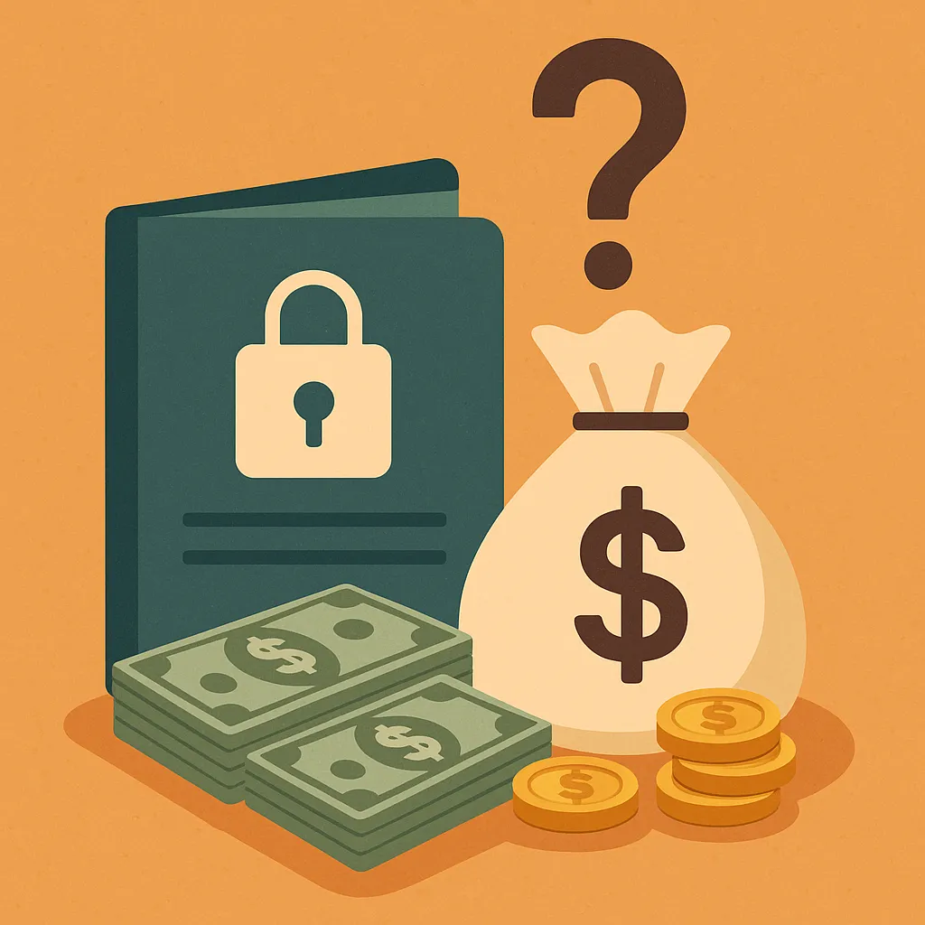 비상금-계좌의-적정금액을-상징적으로-표현한-일러스트로,-자물쇠-아이콘이-있는-통장과-돈자루,-지폐,-금화가-따뜻한-톤으로-그려져-안정적인-저축과-재정관리의-중요성을-전달함.