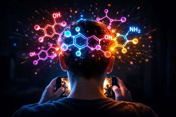 스마트폰 영상 시청 중 뇌에서 도파민이 터져 나오는 형상의 그래픽