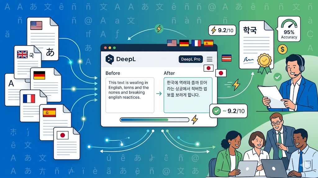 "DeepL Pro의 문서 번역, 실시간 정확도 분석, 효율성을 보여주는 비즈니스 번역 AI 서비스 일러스트"