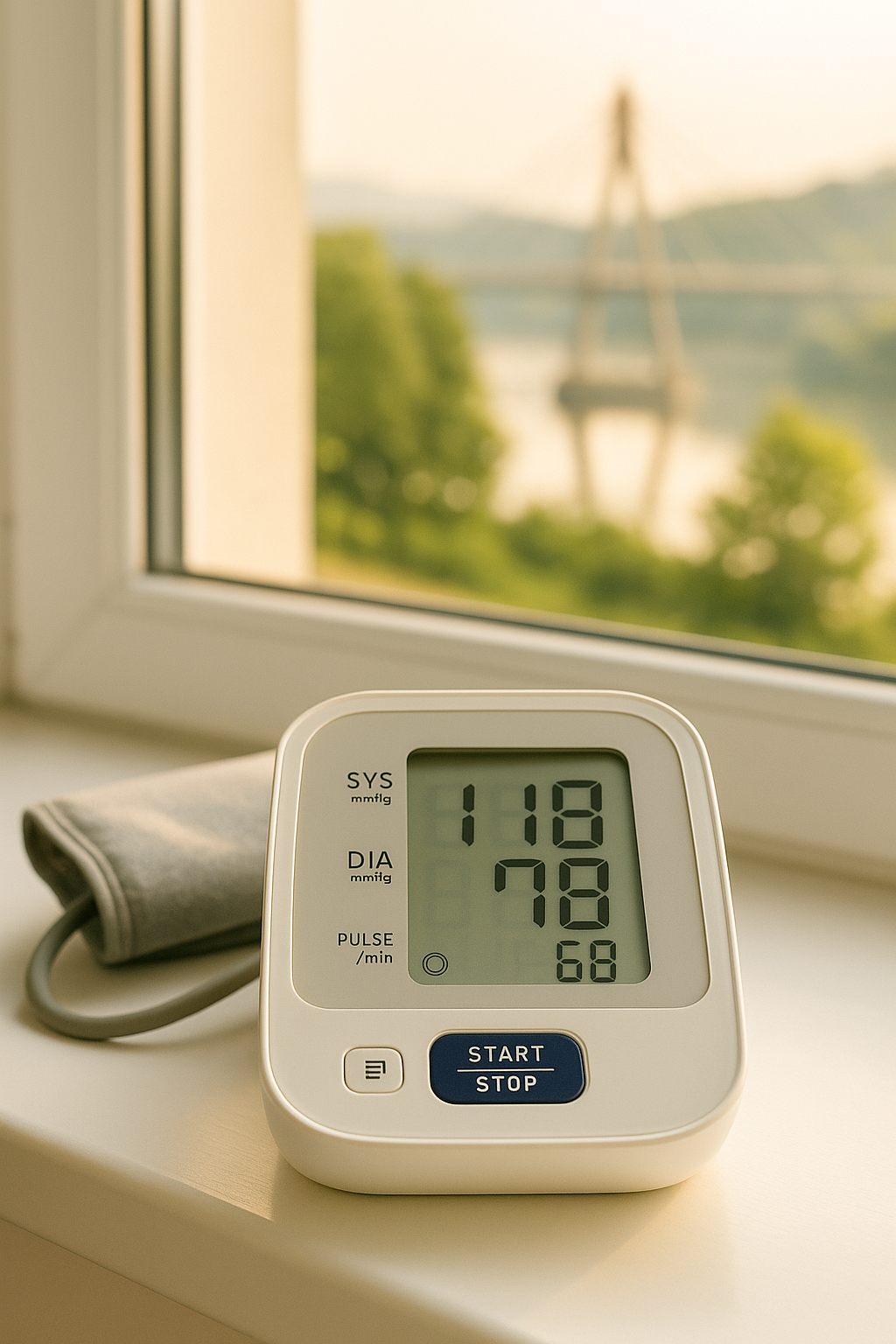 아침 걷기 운동 후 정상 혈압 수치와 창밖으로 보이는 다릿돌 전망대 풍경