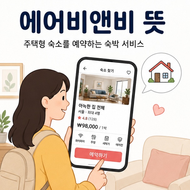 스마트폰으로 주택형 숙소를 예약하는 모습으로 표현한 에어비앤비 뜻 안내 이미지