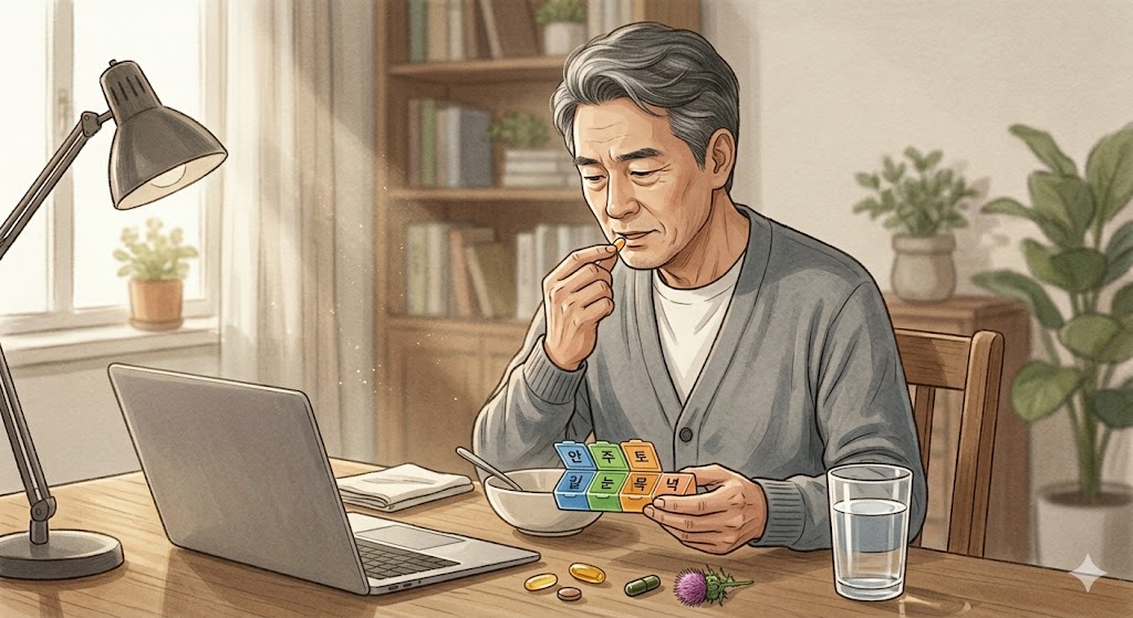 A middle-aged man holding a glass of clean water and organizing his daily vitamin pill box inside a bright kitchen