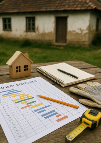 낡은 농촌주택 앞 나무 테이블 위에 ‘프로젝트 일정표’, 주택 모형, 노트, 연필, 장갑, 줄자 등이 놓여 있고 배경에는 시골집이 보이는 장면