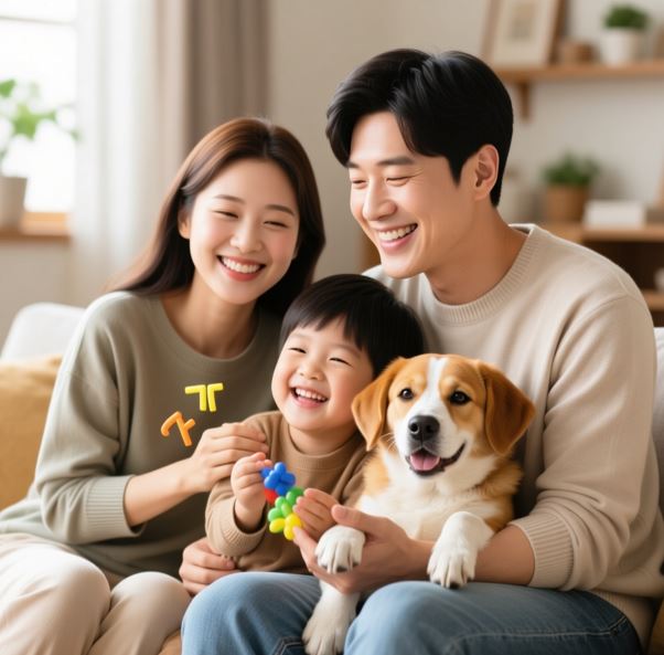 반려견과 그 입양 가정이 행복하게 웃고 있다