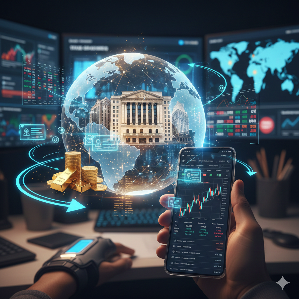 스마트폰을 든 손과 그 뒤로 펼쳐진 멀티 모니터 트레이딩 환경. 중앙에는 반투명한 홀로그램 지구가 떠 있고, 그 안에 NYSE 건물이 위치함. 지구 주위로는 금괴와 주식 차트 데이터가 회전하고 있으며, 스마트폰 화면에는 실시간 온체인 거래 그래프가 표시된 미래지향적인 금융 시스템의 모습.