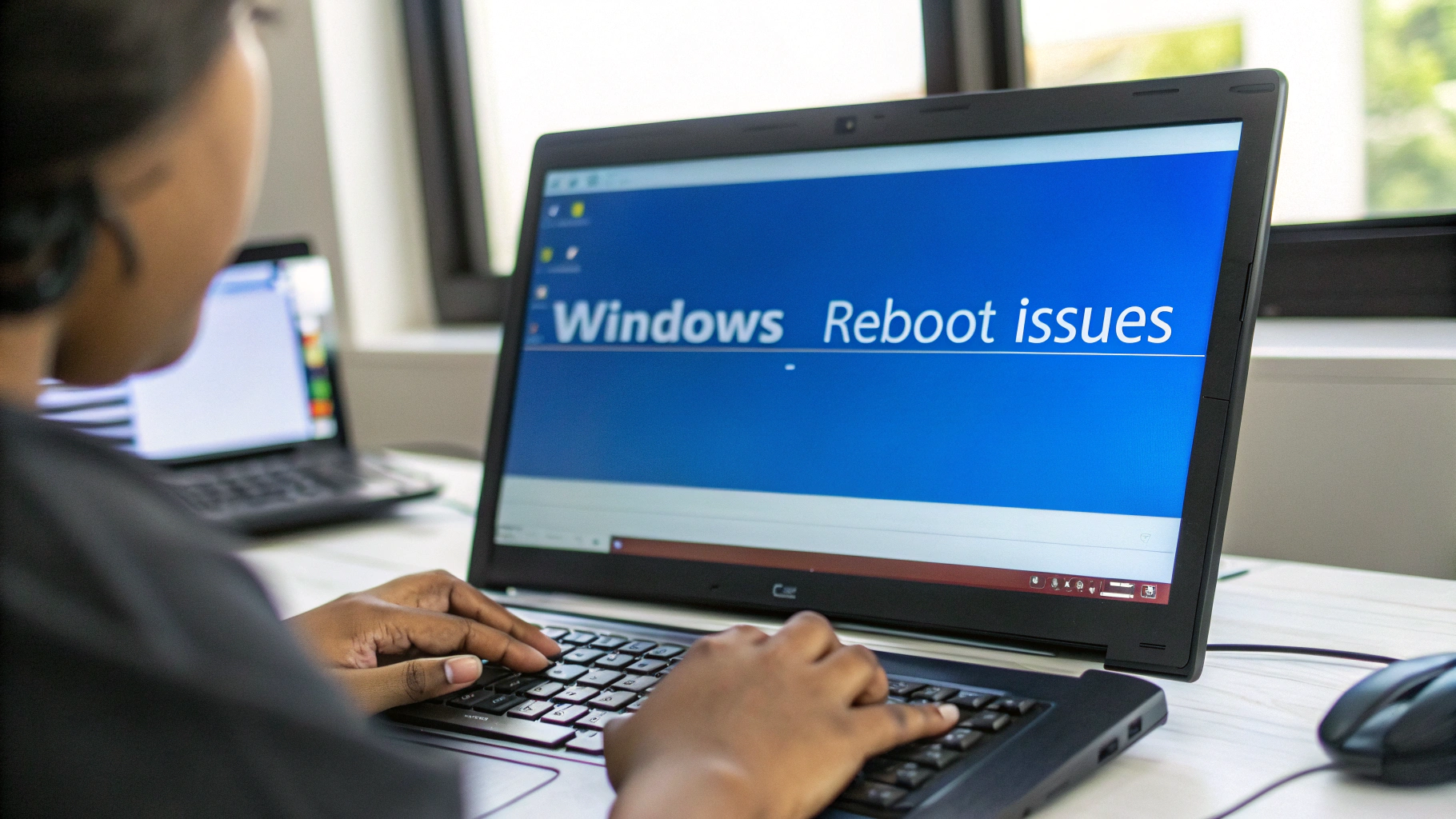 사무실 환경에서 한 사람이 노트북을 사용 중이며, 화면에는 파란 배경에 'Windows Reboot issues'라는 문구가 크게 표시되어 있음. 시스템 재부팅 문제 해결을 위한 상황으로 보이며, 책상 위에는 마우스와 다른 노트북도 함께 놓여 있음. 창문을 통해 자연광이 들어오는 밝은 작업 공간
