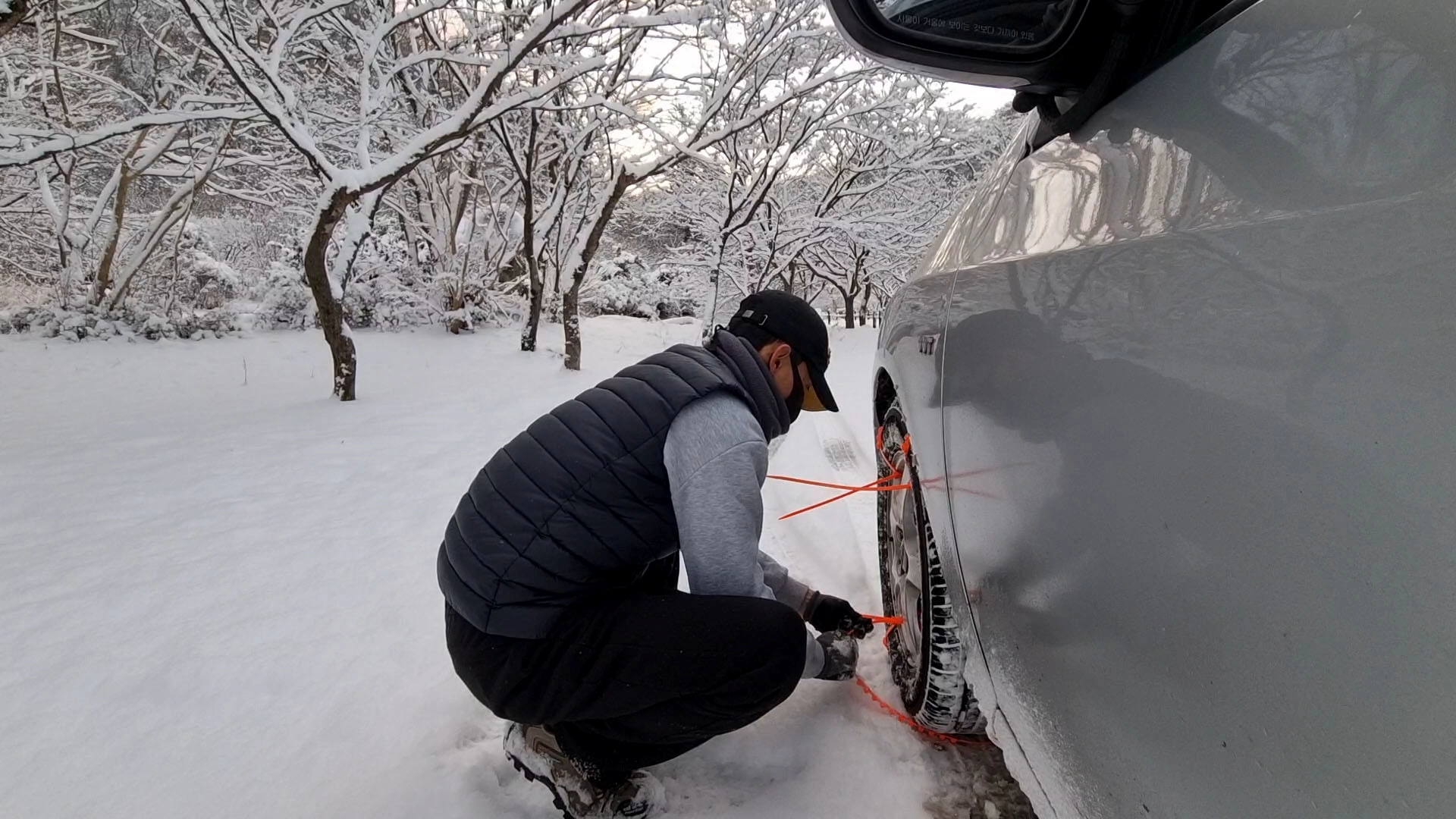 일회용 스노우체인 장착 모습