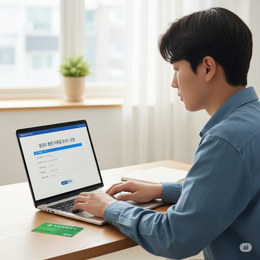 청년이 노트북으로 온라인 신청서를 작성하는 모습