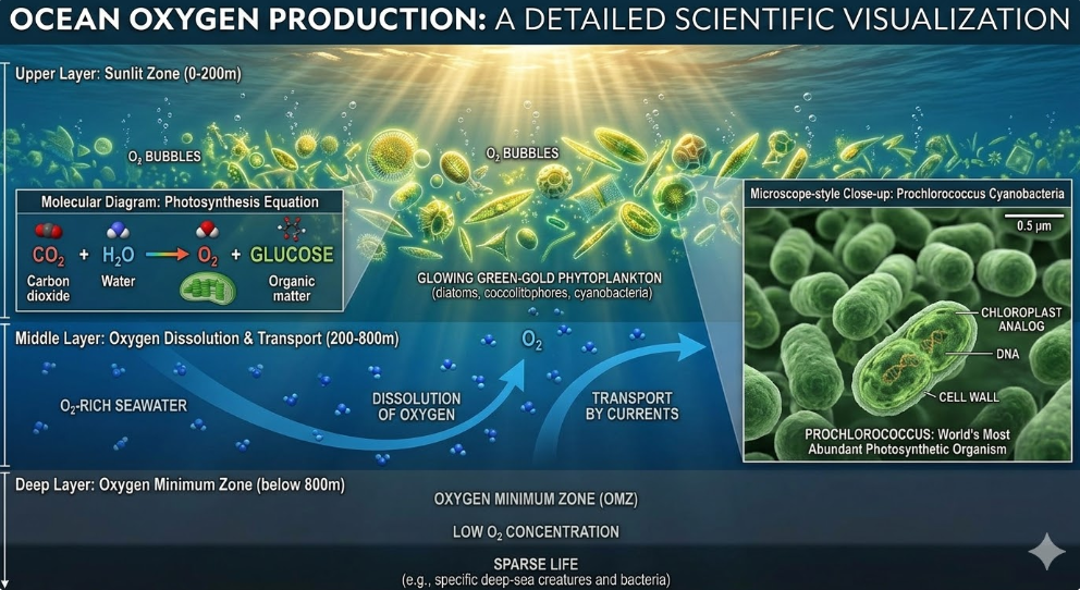 해양 산소 생산 원리 도식 — 식물플랑크톤 광합성과 해양 산소 순환 메커니즘 인포그래픽
