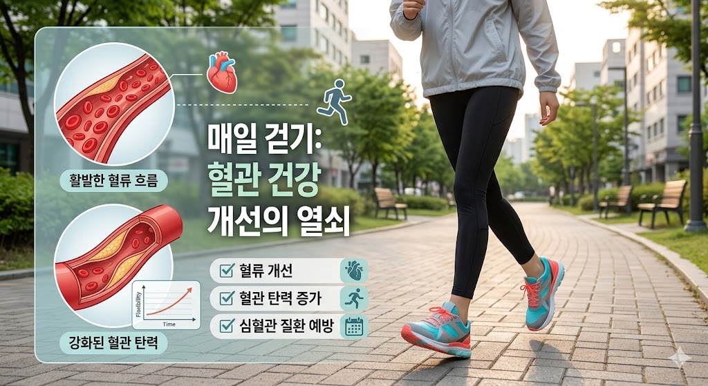 혈류 개선과 혈관 탄력을 높이기 위해 매일 걷기 운동을 실천하는 모습.