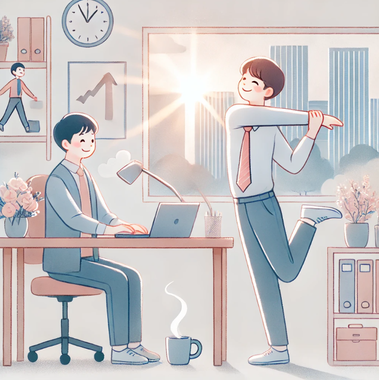 직장인이 회사에서 스트레칭 하는 그림