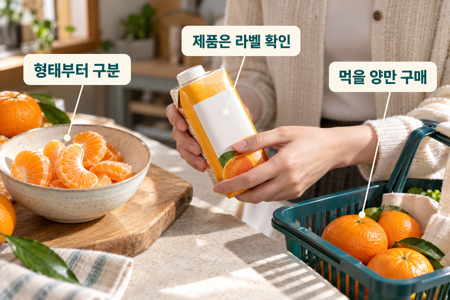 생귤과 음료 포장, 소량 장바구니로 고르는 기준을 정리한 장면