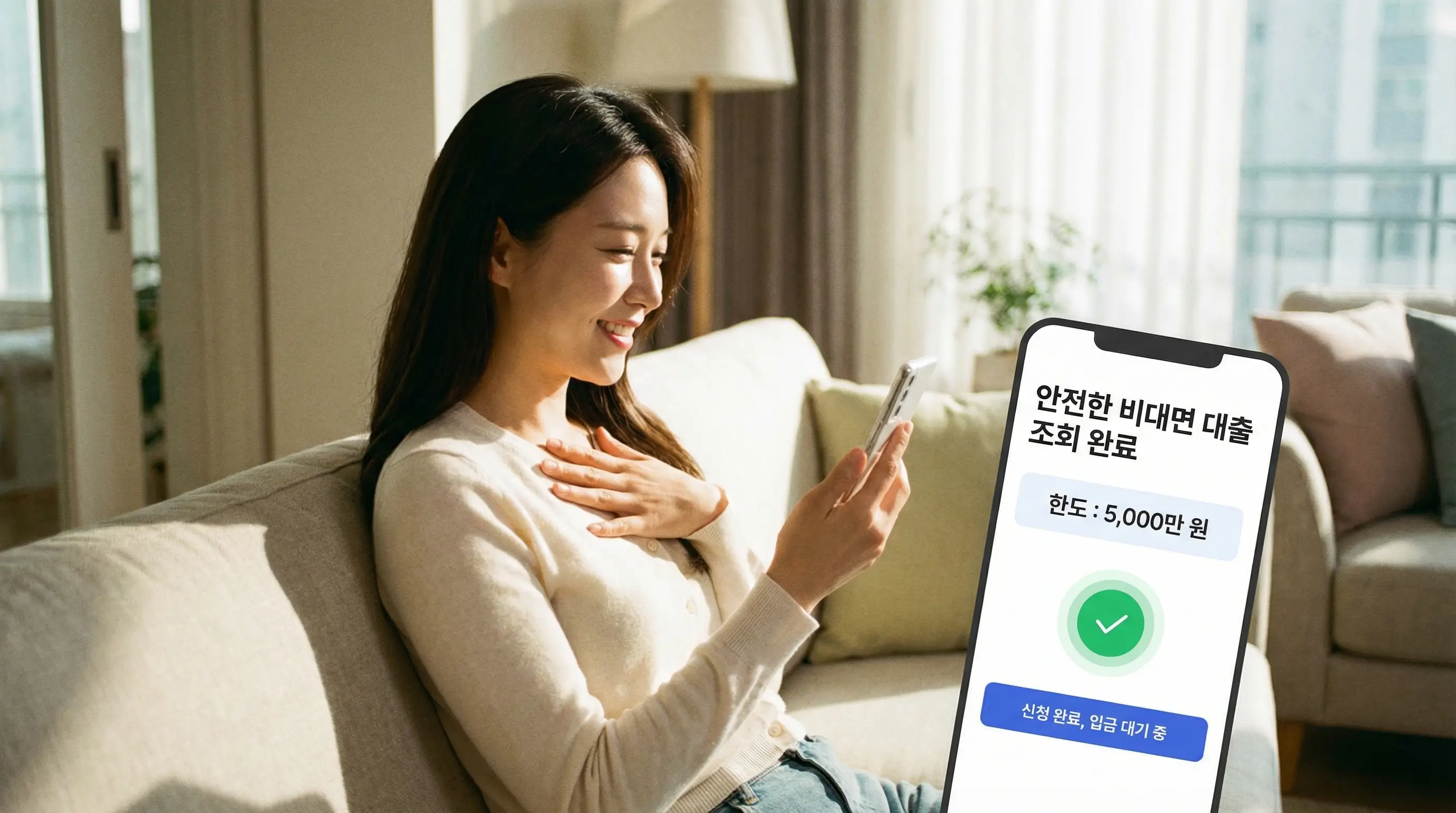 스마트폰으로 안전한 비대면 대출 한도를 가조회하고 신청하여 자금을 마련하는 안도하는 모습