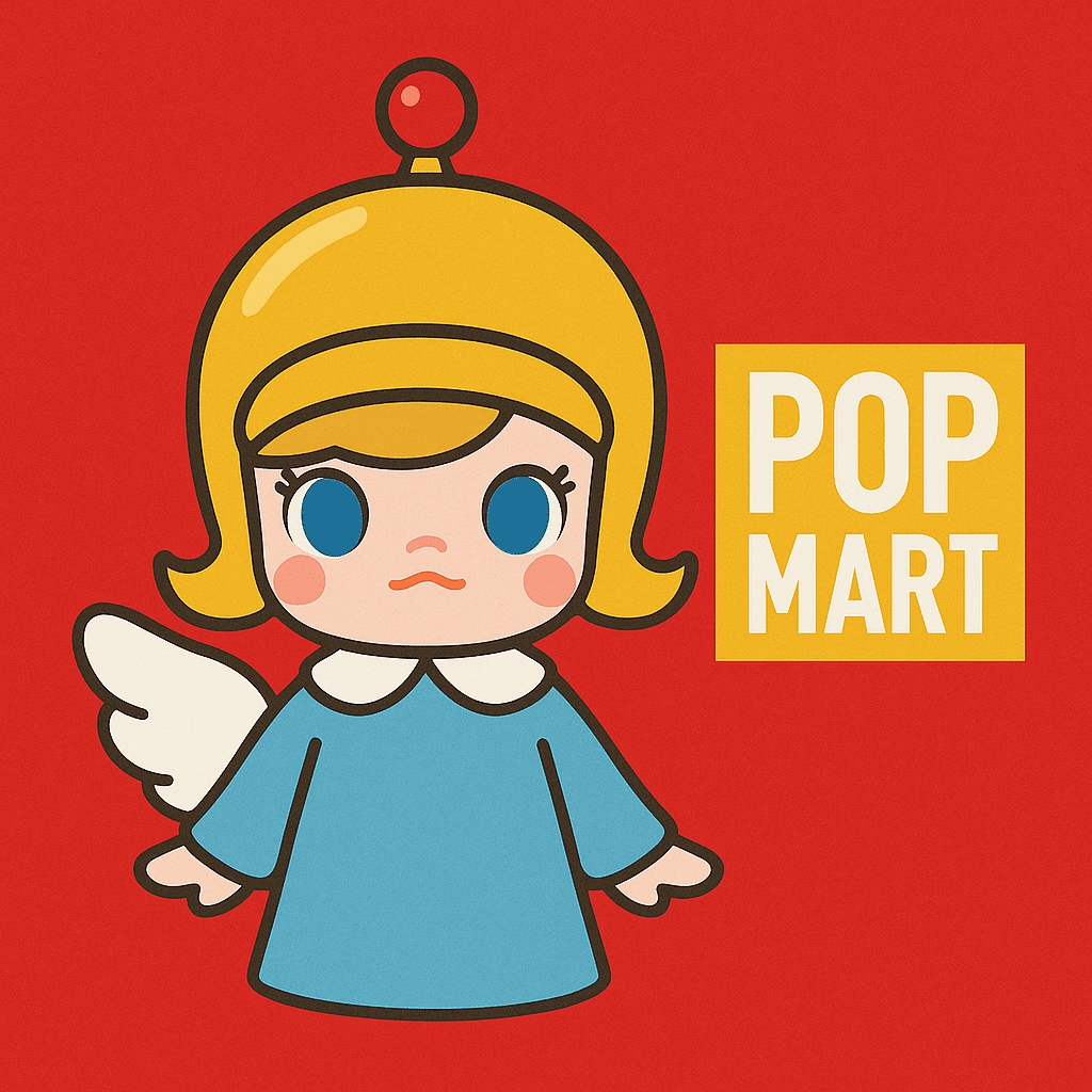 빨간색-배경-위에-노란-헬멧과-하늘색-옷을-입고-흰색-천사날개를-단-캐릭터형-비닐-피규어가-중앙에-배치되어-있고-커다란-파란-눈과-핑크빛-볼을-가지며-팝마트-스타일의-디자인을-연상시키는-귀엽고-레트로한-스타일의-일러스트-구성