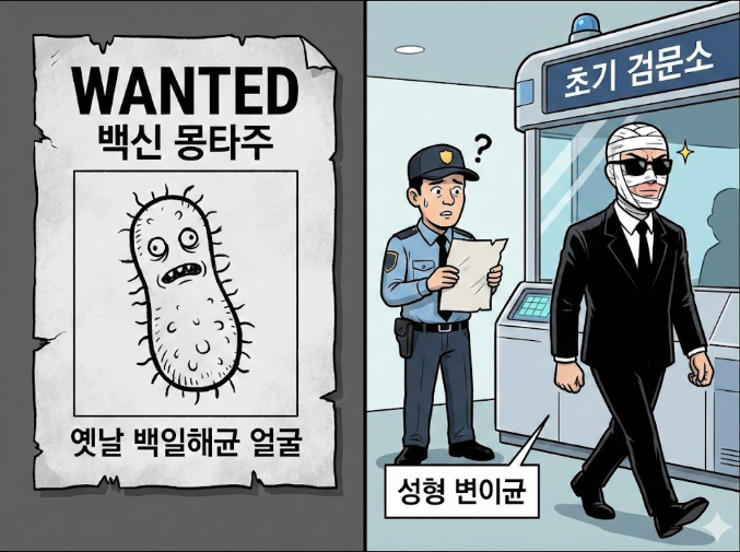 백신이 인식하던 과거 백일해균과 달리 성형수술을 한 듯한 변이 백일해균이 검문을 통과하는 모습을 비유적으로 표현한 인포그래픽