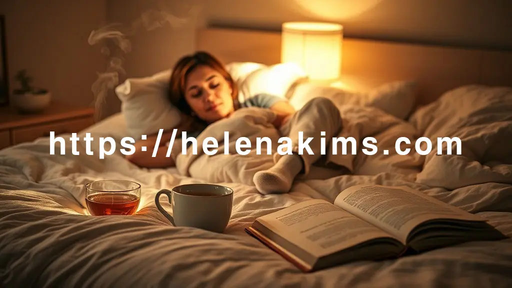 아늑한 침실, 따뜻한 조명 아래 수면양말을 신은 여성이 이불 위에서 편안히 쉬는 모습. 발 옆에는 따뜻한 허브차와 아로마 디퓨저, 독서 중이던 책 등이 놓여 있어 숙면을 위한 다양한 건강 습관의 모습.