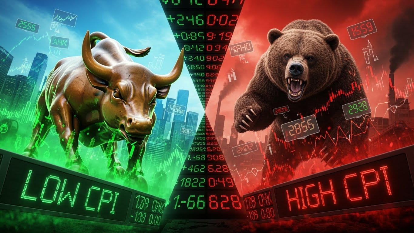 A split screen Left side green bull market (Low CPI), Right side red bear market (High CPI), visualizing the scenarios.