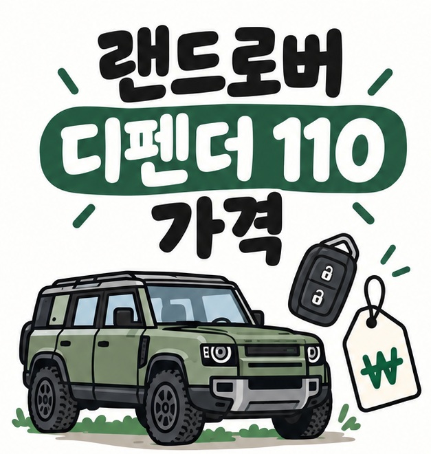랜드로버 디펜더 110 실루엣과 가격표 아이콘 옆에 랜드로버 디펜더 110 가격이라는 제목이 크게 적힌 대표 썸네일