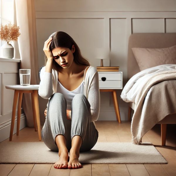여자가 침대 밑에 웅크려 앉아 생리통과 두통으로 괴로워하고 있는 사진