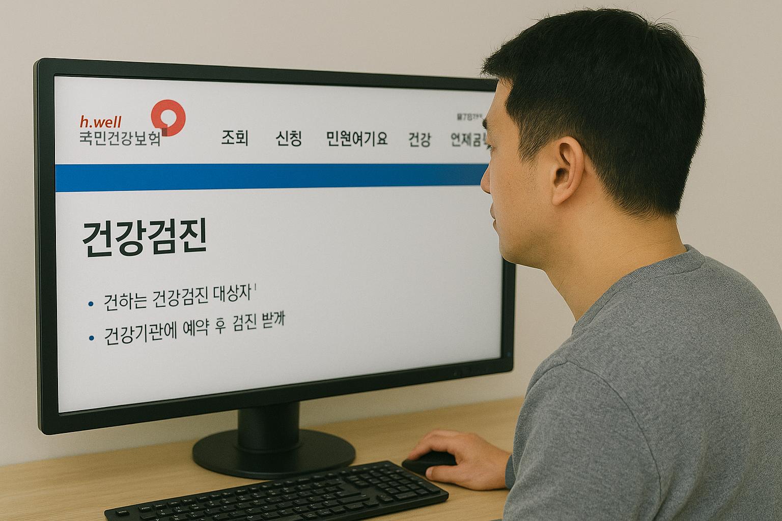 PC에서 건강검진 메뉴를 찾는 사람의 모습