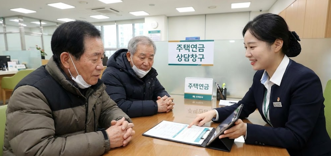 은행 창구에서 상담원에게 친절하게 설명을 듣고 있는 노인