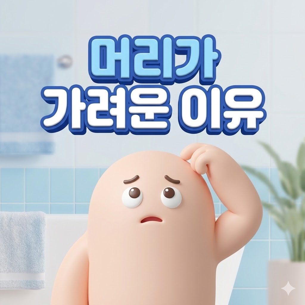 머리 가려움증 원인에 대해 고민하는 귀여운 캐릭터 일러스트