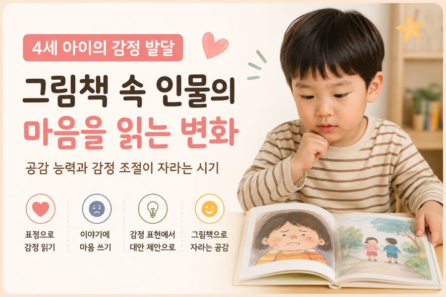 그림책을 통해 감정을 이해하고 공감 능력이 자라는 4세 아이 모습