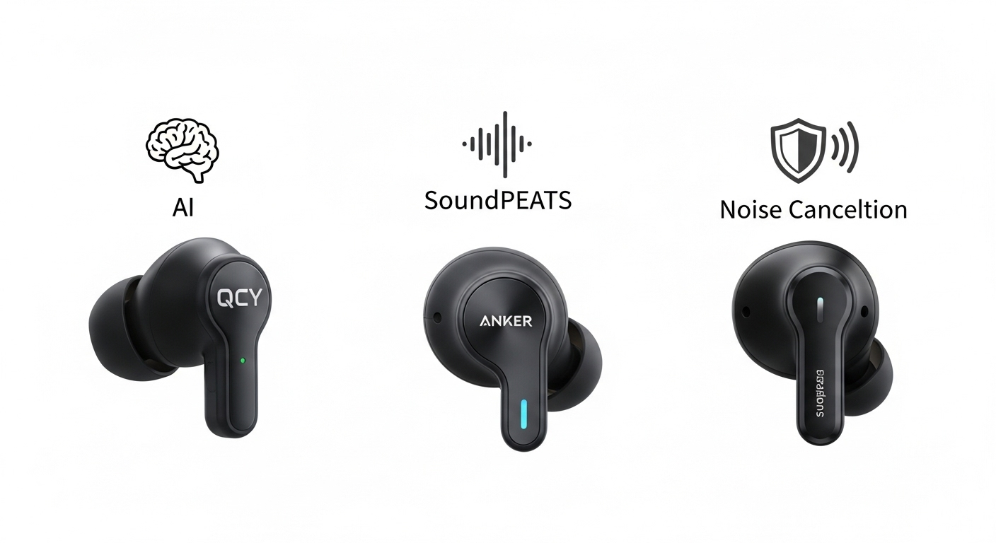 QCY, SoundPEATS, Anker 등 가성비 무선 이어폰 브랜드 제품들이 나란히 놓여 있고, 각 제품의 특징을 나타내는 아이콘이 함께 있는 모습.