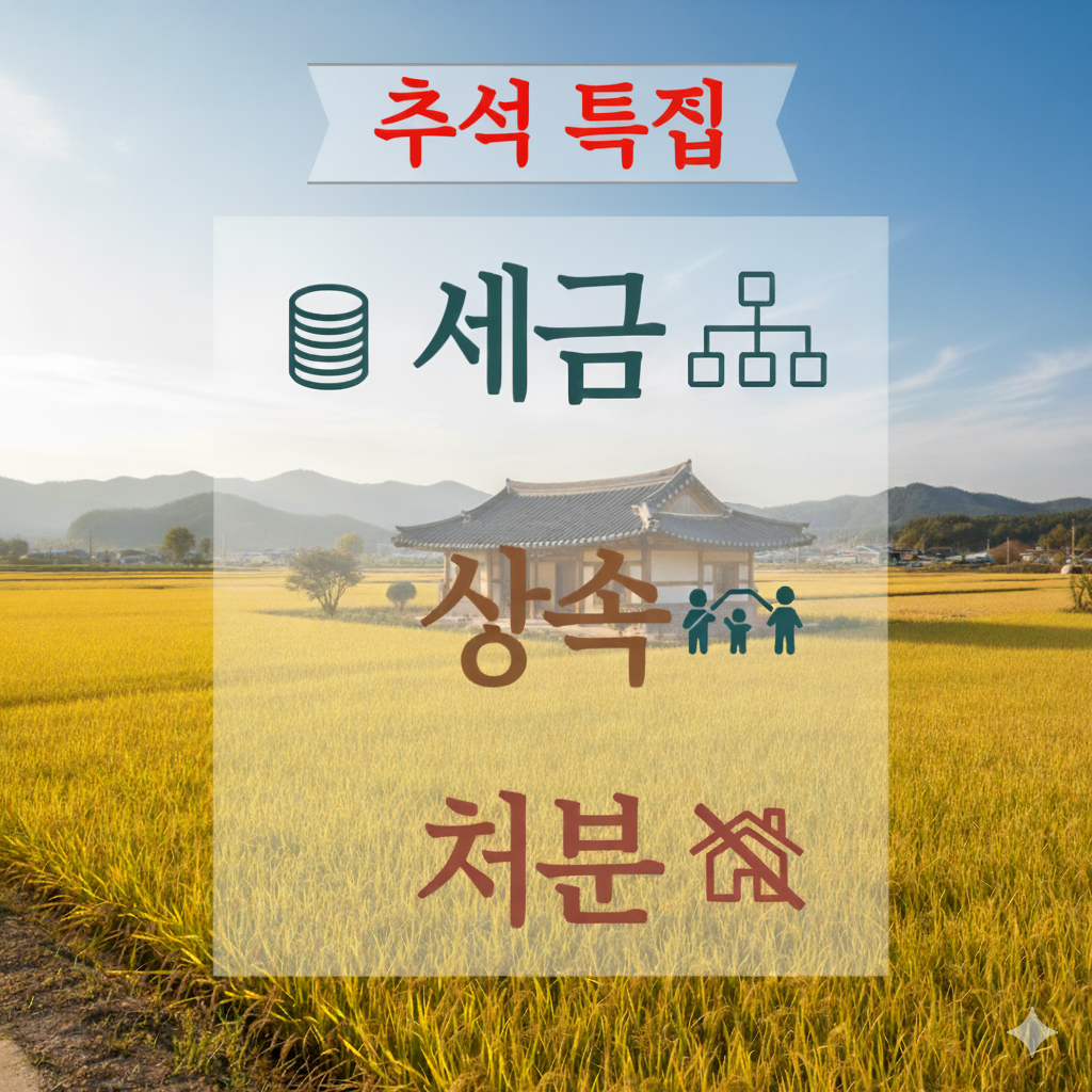 한가로운 시골 풍경 속의 단독 주택(한옥이나 오래된 주택) 사진과 함께, '세금', '상속', '처분' 등의 키워드가 담긴 캘리그라피나 심플한 아이콘을 오버레이하여 정보성을 강조합니다.