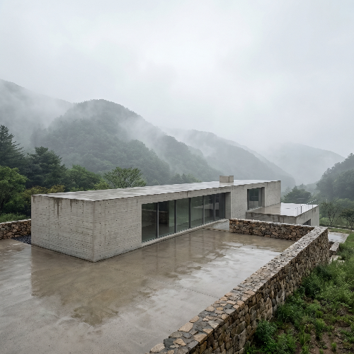대구 군위에 위치한 사유원의 대표 건축물 '소요헌'. 세계적인 건축가 알바로 시자가 설계한 미니멀한 노출 콘크리트 구조물이 주변 산세와 완벽하게 조화를 이루는 모습. 차분하고 고급스러운 분위기의 8k 건축 사진