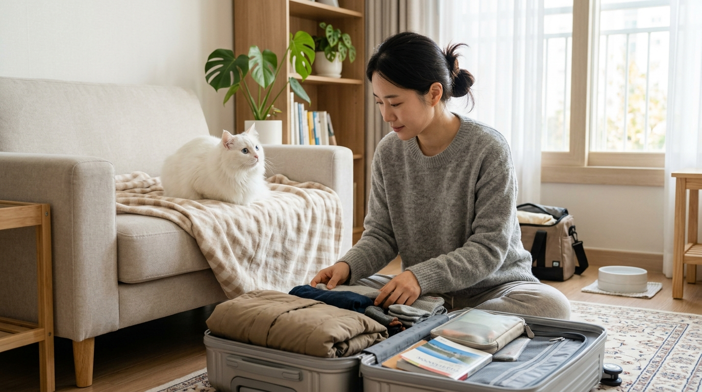 여행을 앞둔 집사와 고양이