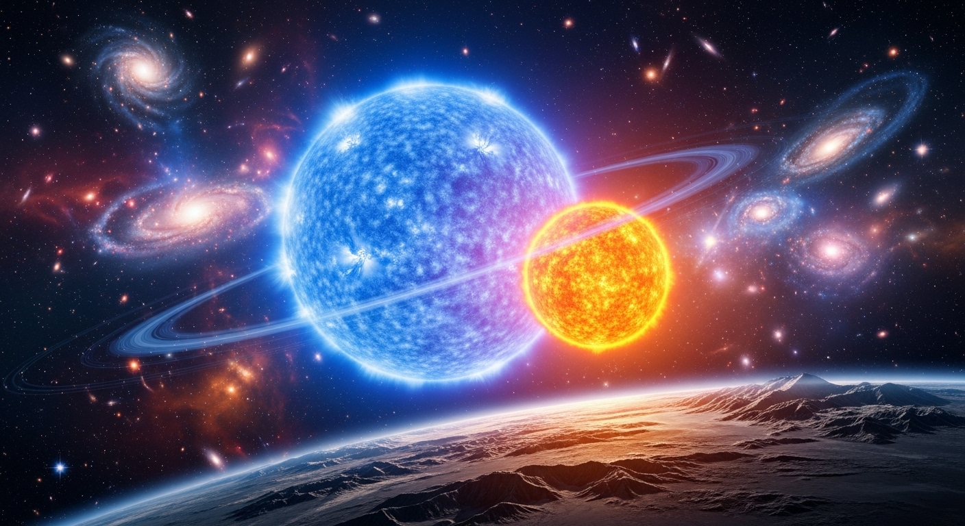 An awe-inspiring digital painting of a binary star system, where a large blue giant star and a smaller, fiery orange star orbit each other closely, illuminating a rocky planet in the foreground. The sky is filled with colorful nebulae and distant galaxies, creating a sense of cosmic wonder.