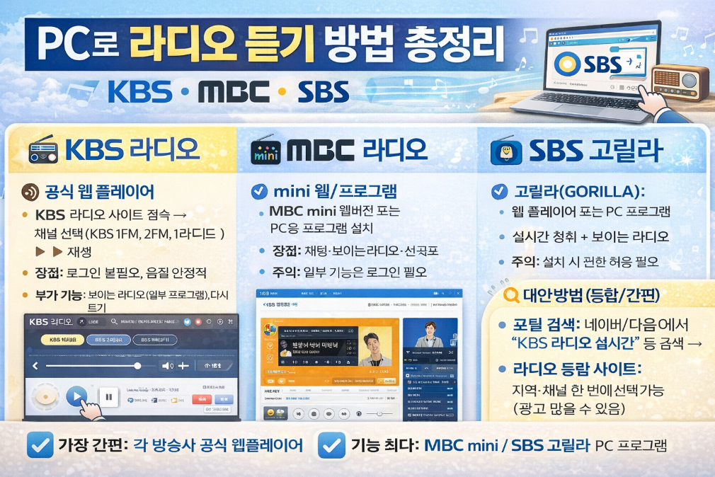 PC로 KBS MBC SBS 라디오 듣기 3분 완벽 정리
