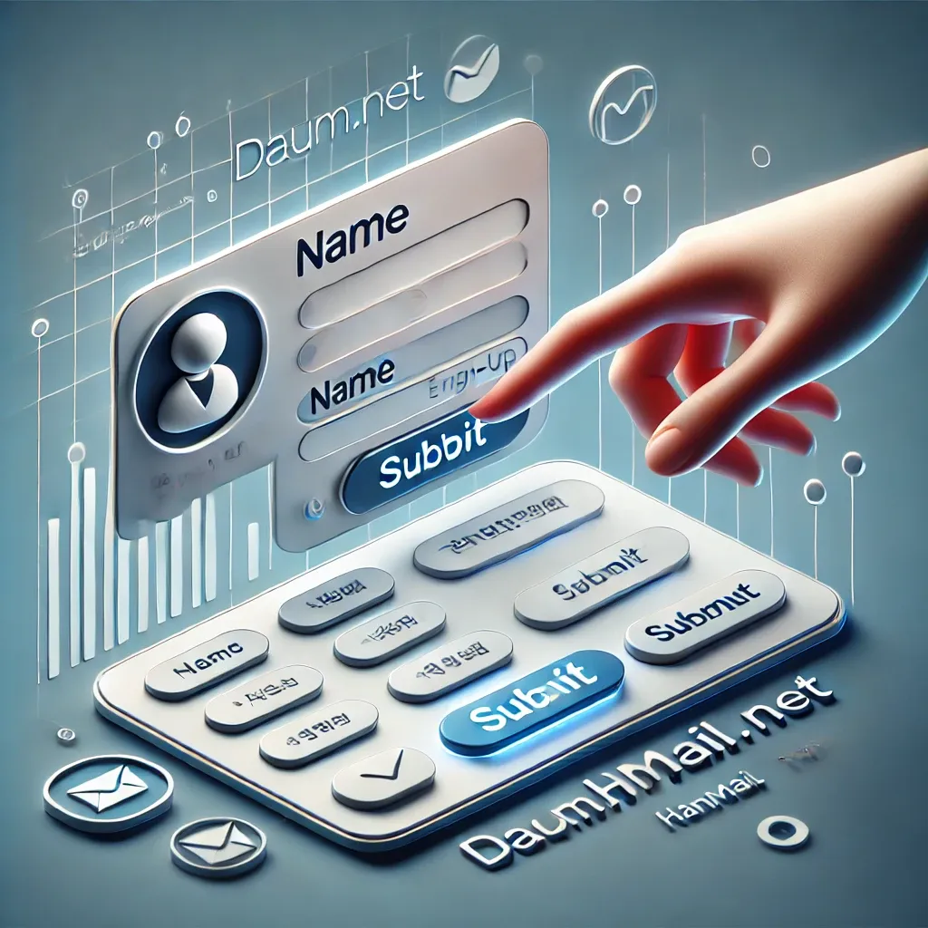 daum.net 또는 hanmail.net 도메인을 선택하는 이메일 가입 UI 3D 일러스트