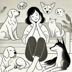 성격 궁합을 고민하는 반려인과 반려인 옆으로 다양한 강아지 품종의 실루엣을 조화롭게 구성한 섬네일