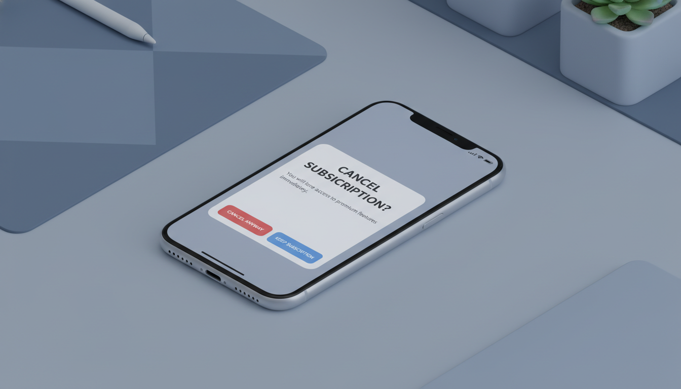 멜론 구독 취소 시 나타나는 혜택 유지 방어 팝업창에서 해지를 강행하는 화면 일러스트