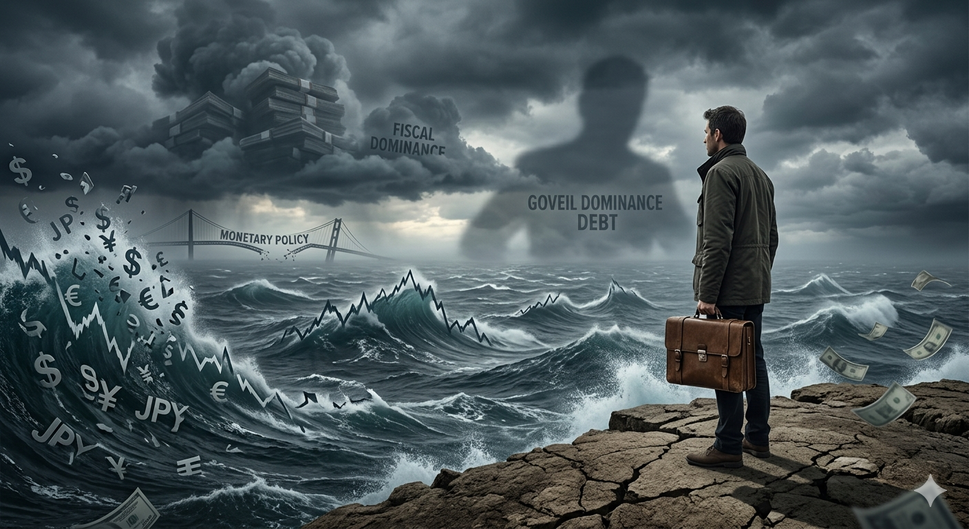 거대한 정부 부채와 지정학적 긴장을 상징하는 어둡고 거대한 먹구름이 몰아치는 혼돈의 경제 바다를 배경으로, 절벽 끝에 홀로 선 투자자의 뒷모습. 투자자는 불안한 시장 상황 속에서 유일한 안정 자산이자 기회인 현금을 상징하는 단단한 가죽 가방을 꽉 쥐고 있다. '재정지배(Fiscal Dominance)' 시대의 불확실성과 현금 확보 전략의 중요성을 시각적으로 표현한 사진.